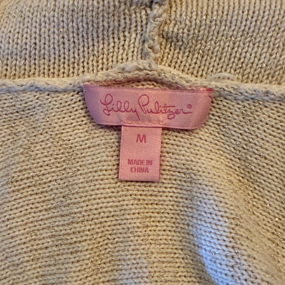 LILLY PULITZER Women’s M Cardigan Tatum Long Fringe Hem Ivory Gold Metallic - Picture 12 of 15
